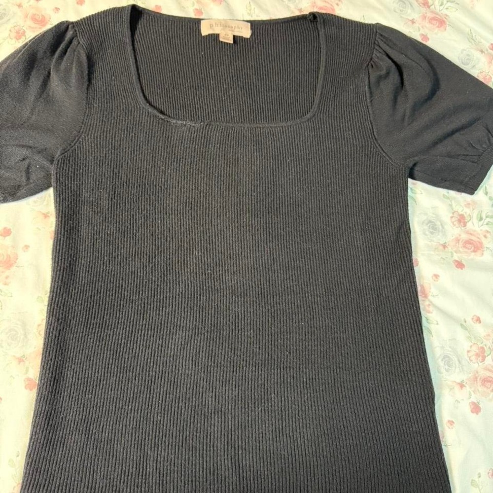 Philosophy Ribbed Knit Black Top Puff Sleeve Button Back Medium
